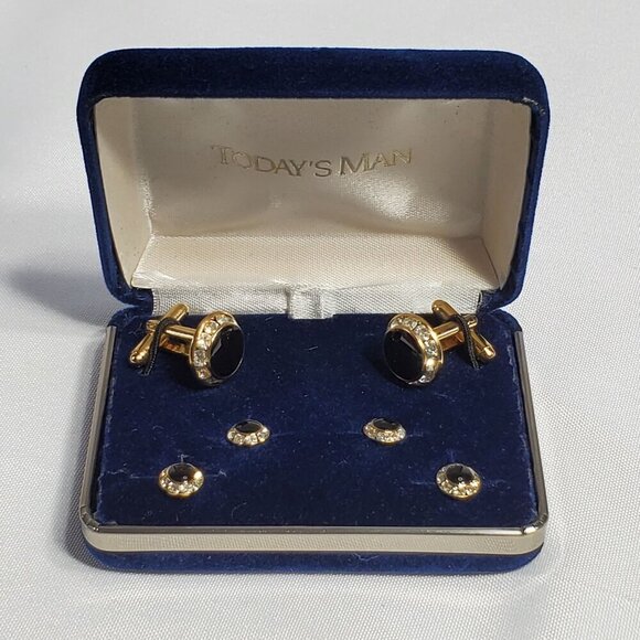 Today's Man Cufflinks Gold-Tone Black Onyx & Crystal Cufflink & Stud Set - Picture 4 of 10